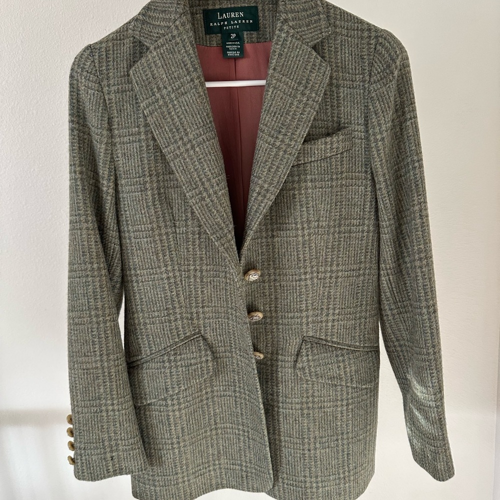 Ralph Lauren Petite Glen Plaid Blazer in Gray and Tan with Rust Lining